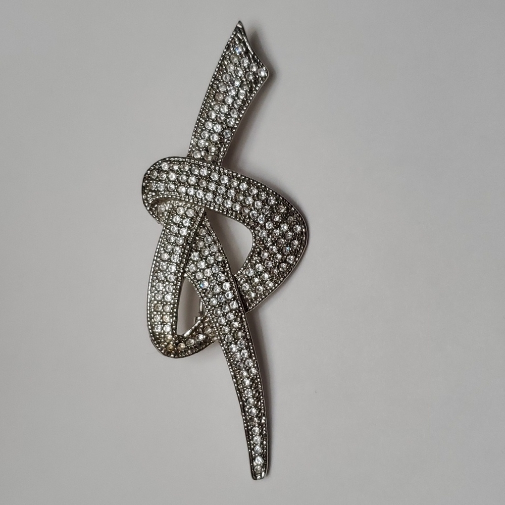 Clear Rhinestone Ribbon Brooch